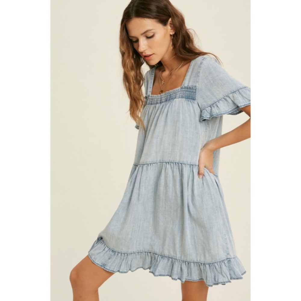 Denim Tencel Square Neck Short Sleeve Ruffle Trim Babydoll Casual Mini Dress - Picture 4 of 11